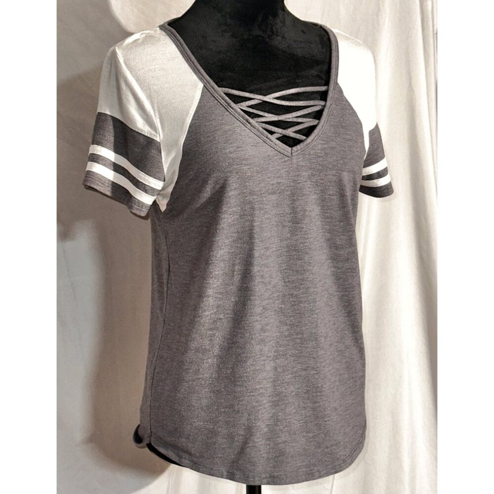 BKE T-Shirt, Gray and White, Corset Style Bodice, Size Small
